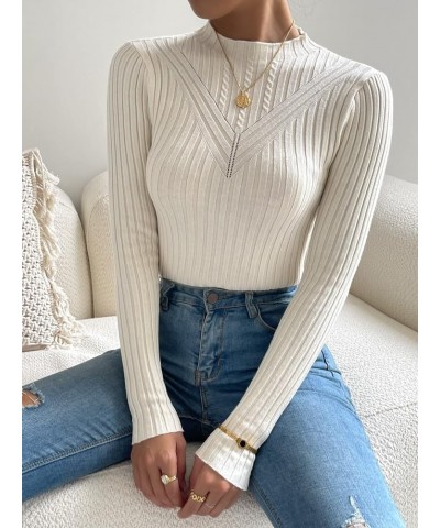 Women's Sweater Eyelet Detail Ribbed Knit Mock Neck Sweater Sweater for Women (Color : Apricot, Size : Large) Small Apricot $...