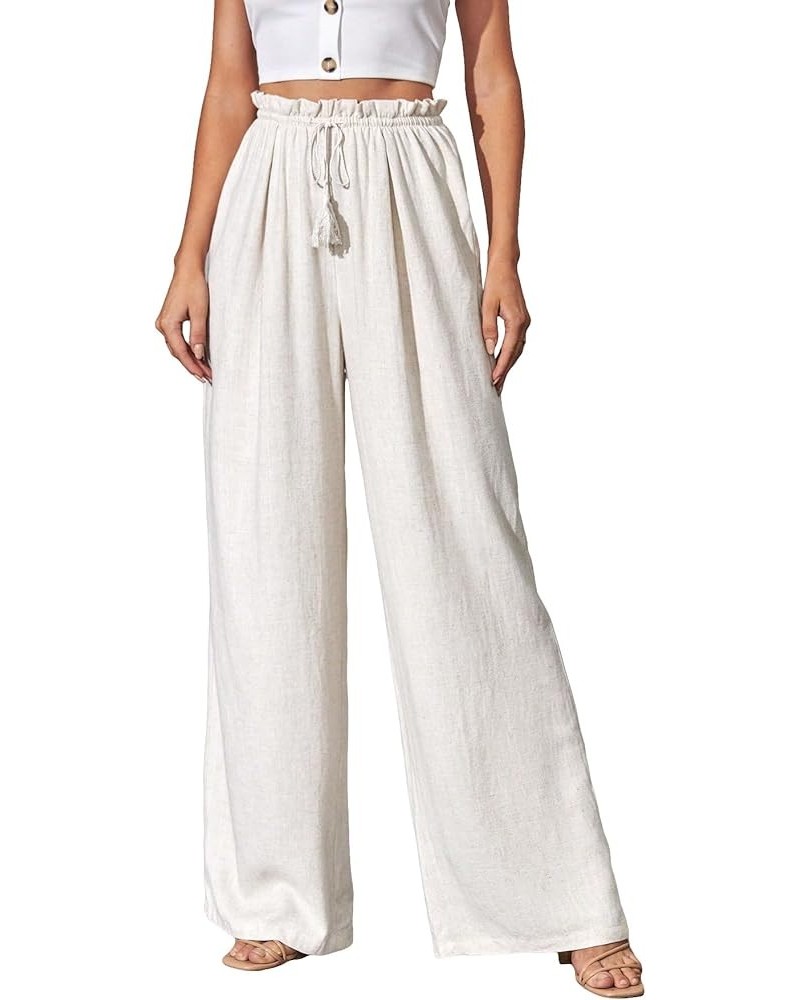 Women's Casual Solid High Waist Linen Wide Leg Pants Flowy Relaxed Fit Palazzo Pants White $8.80 Pants