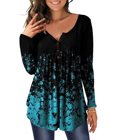 Women's Floral Tunic Tops Long Sleeve Henley V Neck Buttons Up Casual Blouse Shirt Black+small Floral Blue $8.09 Tops