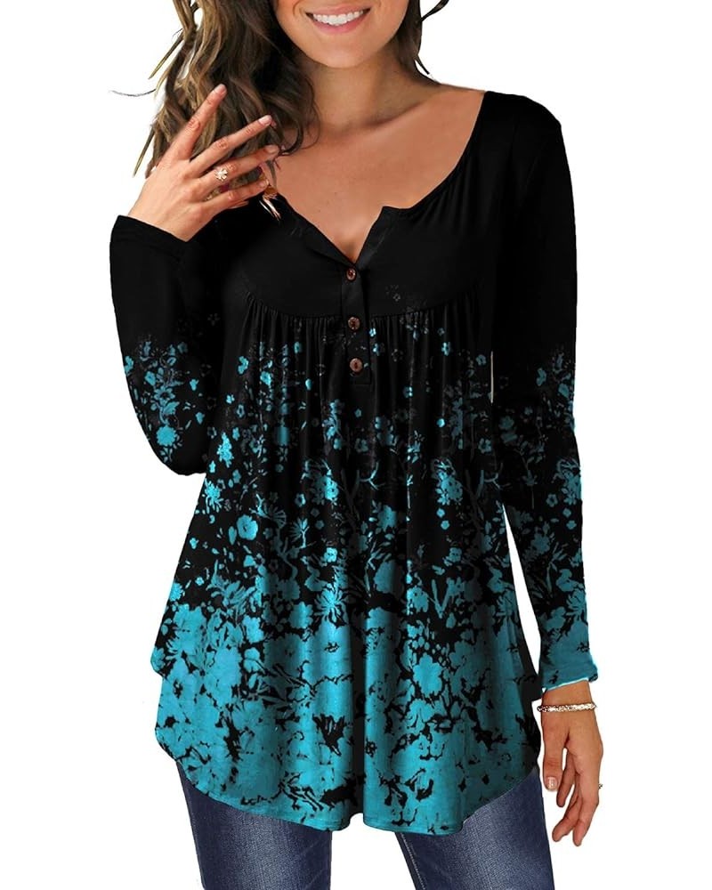 Women's Floral Tunic Tops Long Sleeve Henley V Neck Buttons Up Casual Blouse Shirt Black+small Floral Blue $8.09 Tops