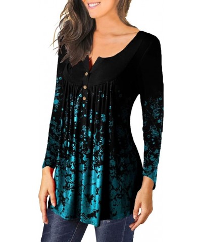 Women's Floral Tunic Tops Long Sleeve Henley V Neck Buttons Up Casual Blouse Shirt Black+small Floral Blue $8.09 Tops