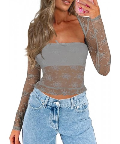 Women's Floral Lace Long Sleeve Square Neck Crop Top T Shirt Strapless Tube Top and Bolero Set Ruffle Semi Grey $8.80 Tops