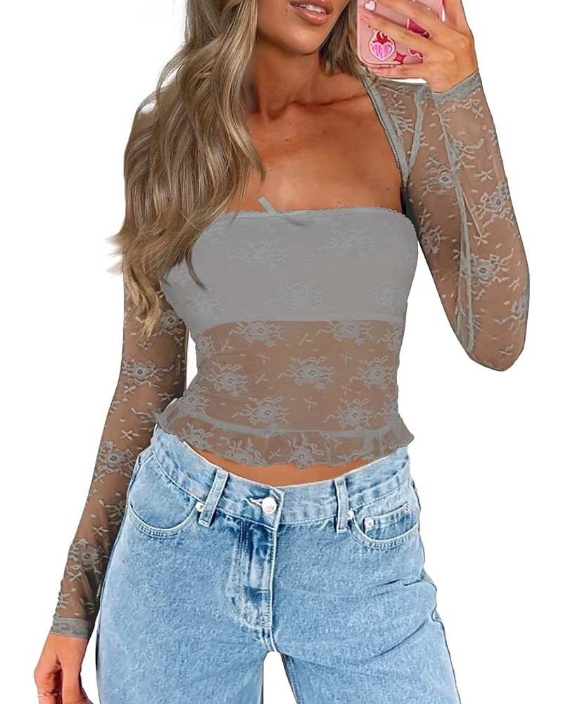 Women's Floral Lace Long Sleeve Square Neck Crop Top T Shirt Strapless Tube Top and Bolero Set Ruffle Semi Grey $8.80 Tops