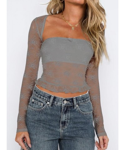 Women's Floral Lace Long Sleeve Square Neck Crop Top T Shirt Strapless Tube Top and Bolero Set Ruffle Semi Grey $8.80 Tops