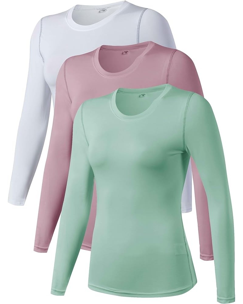 Women's 3 Pack Dry Fit Athletic Compression Base Layer Long Sleeve Pink,white,pastel Green $23.21 Activewear