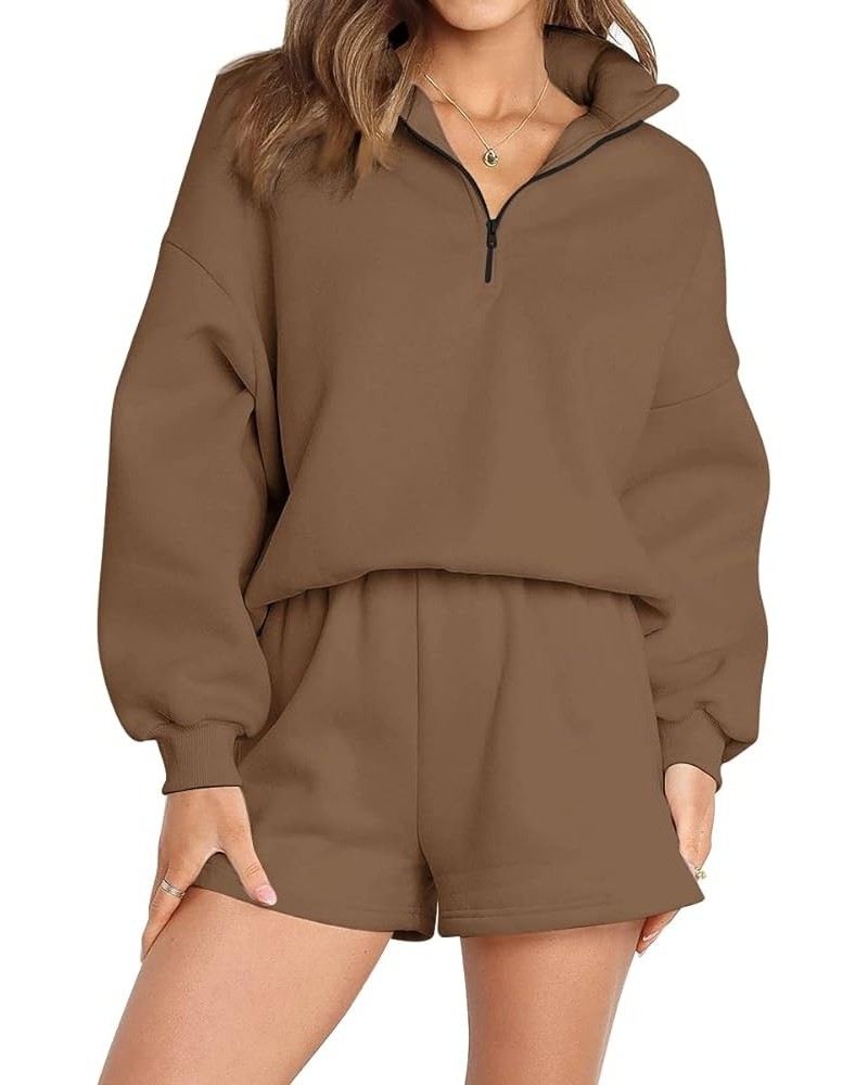 Women's Oversized 2 Piece Lounge Matching Sets Half Zip Sweatshirts Sweatsuit Brown $20.39 Sleep & Lounge