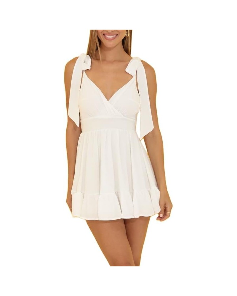 Women Y2k Pleated Spaghetti Strap Short Dress Backless Cut Out Mini Dress Tie Back Ruffle Cami Dress Beach Wear S-white Ninet...