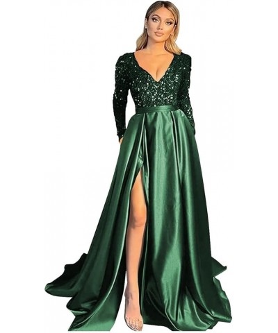 Women's Sparkly Sequin Prom Ball Gown with Pockets Long Sleeve Satin Formal Evening Dress with Slit PD2 Emerald Green $25.60 ...