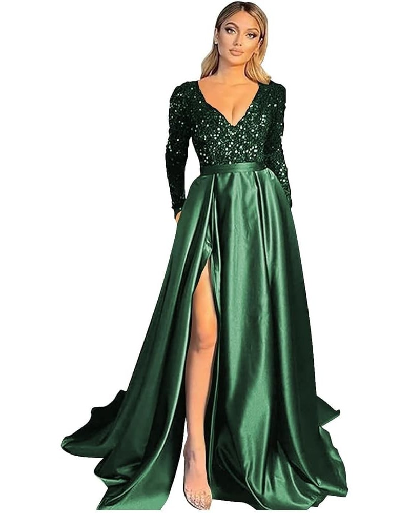 Women's Sparkly Sequin Prom Ball Gown with Pockets Long Sleeve Satin Formal Evening Dress with Slit PD2 Emerald Green $25.60 ...