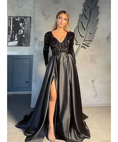 Women's Sparkly Sequin Prom Ball Gown with Pockets Long Sleeve Satin Formal Evening Dress with Slit PD2 Emerald Green $25.60 ...