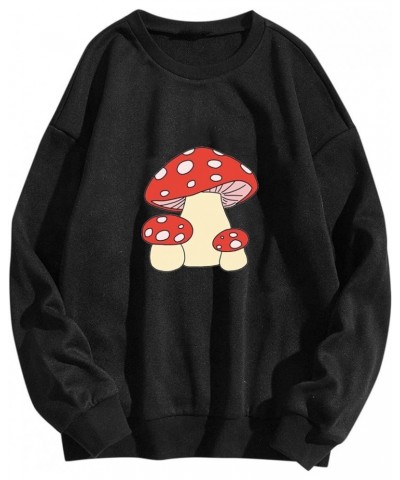 Mushroom Cute Skateboarding Frog Crewneck Sweatshirt Women Long Sleeve Kawaii Mushroom Printed Sweatshirts Aesthetic Black $1...