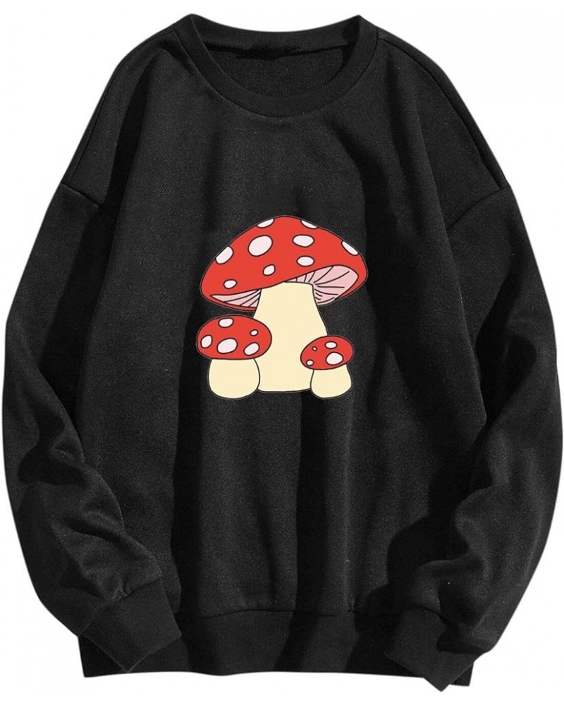 Mushroom Cute Skateboarding Frog Crewneck Sweatshirt Women Long Sleeve Kawaii Mushroom Printed Sweatshirts Aesthetic Black $1...