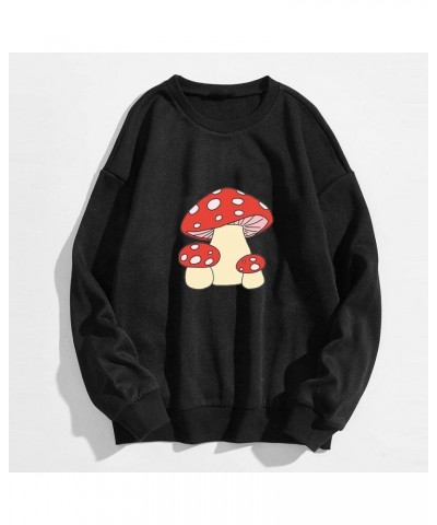 Mushroom Cute Skateboarding Frog Crewneck Sweatshirt Women Long Sleeve Kawaii Mushroom Printed Sweatshirts Aesthetic Black $1...