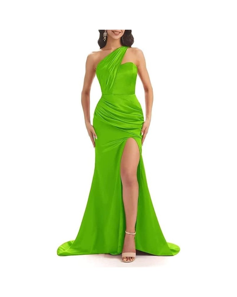 One Shoulder Mermaid Prom Dresses for Women Long Satin Wedding Guest Dress Formal Gowns with Slit Lime Green $38.24 Dresses