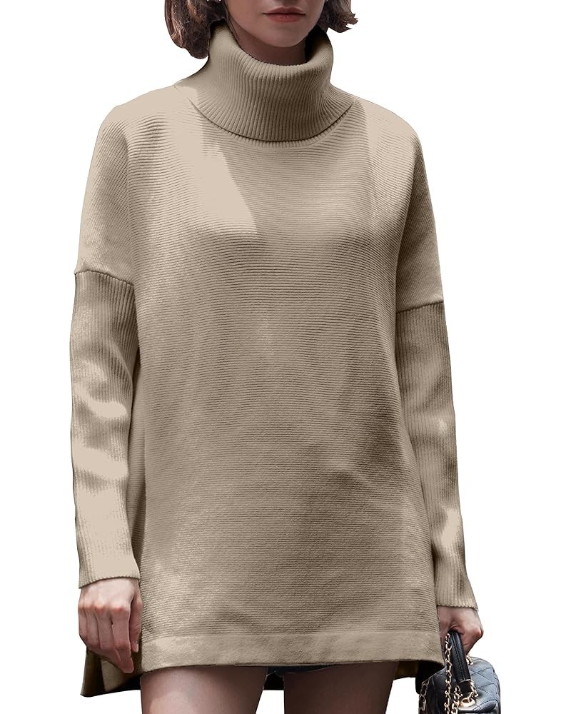 Women Turtleneck Long Batwing Sleeve Spilt Hem Casual Oversized Pullover Sweater Knit Tops Apricot $18.89 Sweaters