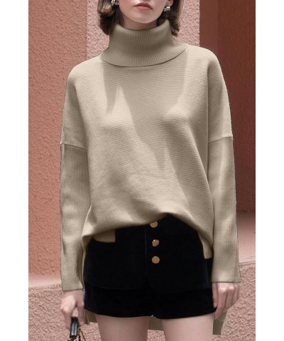 Women Turtleneck Long Batwing Sleeve Spilt Hem Casual Oversized Pullover Sweater Knit Tops Apricot $18.89 Sweaters