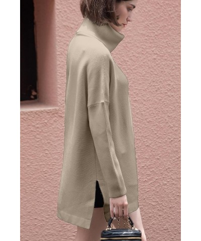 Women Turtleneck Long Batwing Sleeve Spilt Hem Casual Oversized Pullover Sweater Knit Tops Apricot $18.89 Sweaters