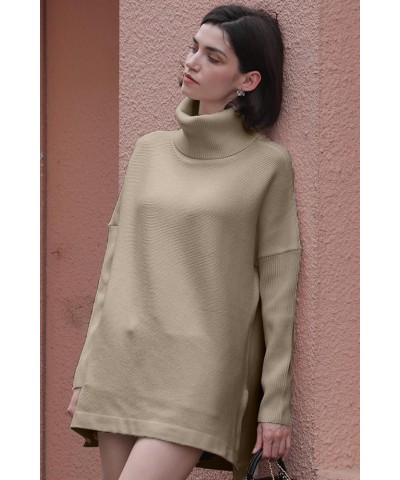 Women Turtleneck Long Batwing Sleeve Spilt Hem Casual Oversized Pullover Sweater Knit Tops Apricot $18.89 Sweaters