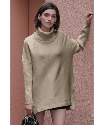 Women Turtleneck Long Batwing Sleeve Spilt Hem Casual Oversized Pullover Sweater Knit Tops Apricot $18.89 Sweaters