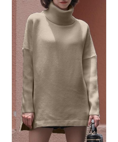 Women Turtleneck Long Batwing Sleeve Spilt Hem Casual Oversized Pullover Sweater Knit Tops Apricot $18.89 Sweaters