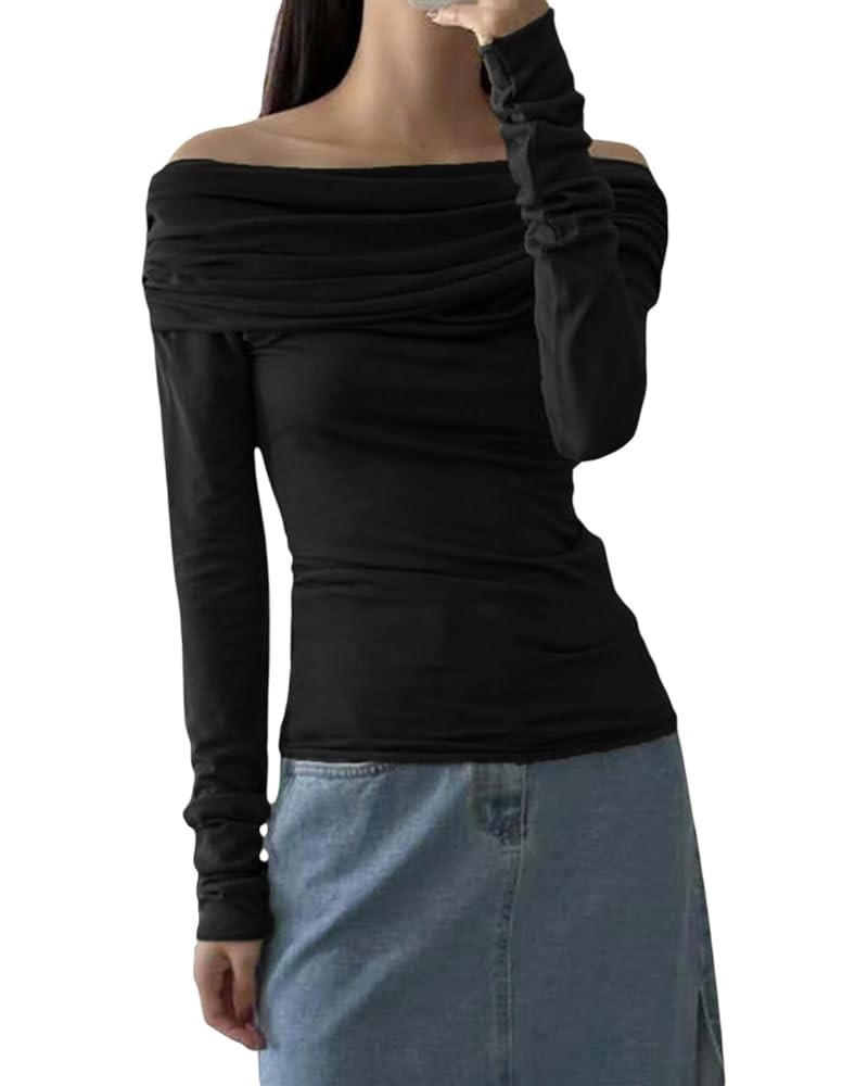 Women’s Off Shoulder Long Sleeve Tops Y2K Solid Basic Low Cut Folded Neck Slim Tee Shirts Sexy Ruched Crop Blouse I Tiered Ru...