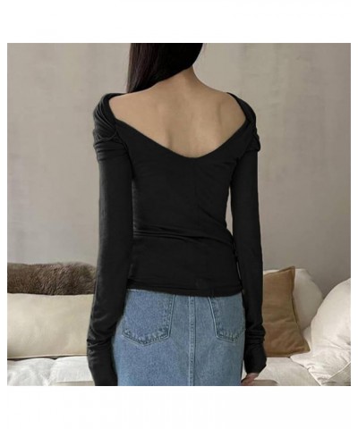 Women’s Off Shoulder Long Sleeve Tops Y2K Solid Basic Low Cut Folded Neck Slim Tee Shirts Sexy Ruched Crop Blouse I Tiered Ru...