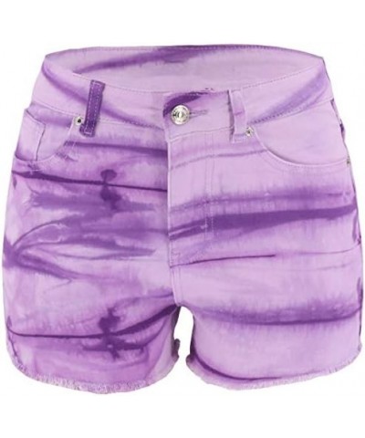 Women's High-Waist Denim Shorts Summer Tie Dye Shorts Casual Jeans Shorts Purple $15.58 Shorts