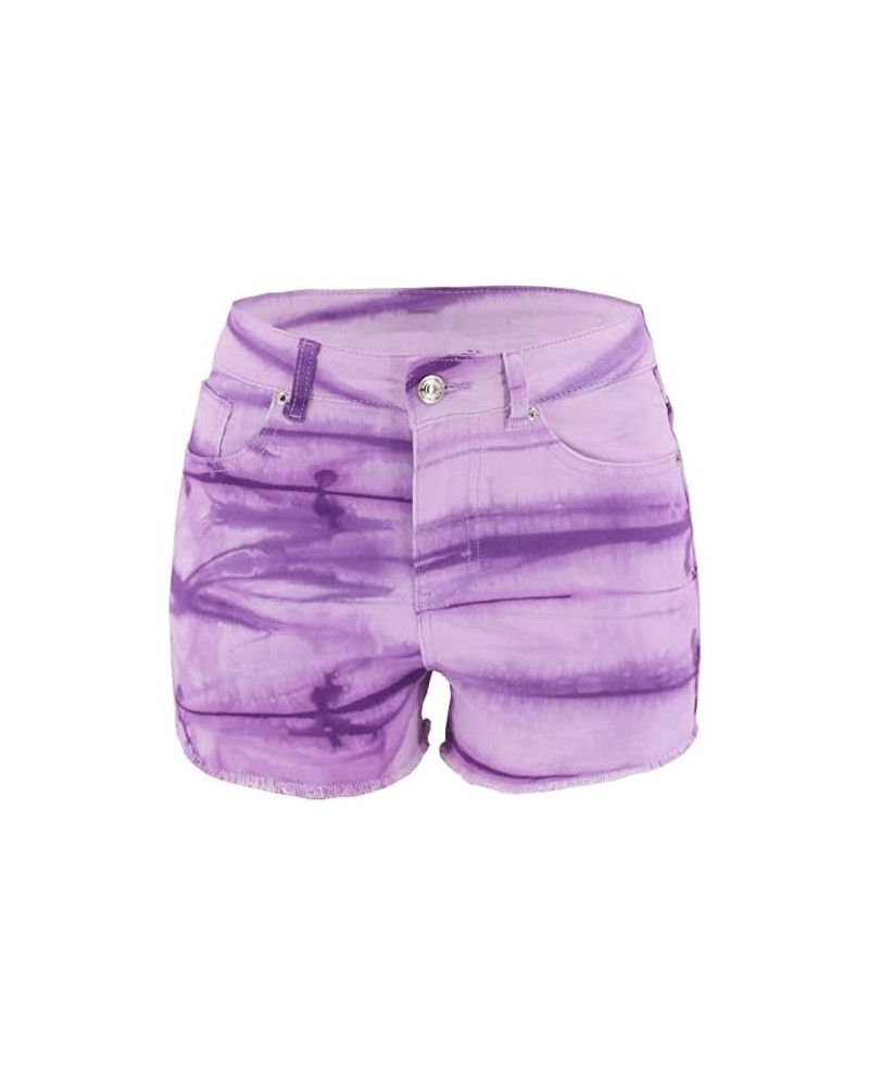 Women's High-Waist Denim Shorts Summer Tie Dye Shorts Casual Jeans Shorts Purple $15.58 Shorts