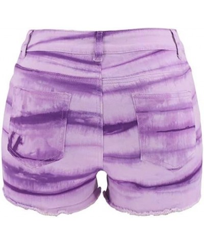 Women's High-Waist Denim Shorts Summer Tie Dye Shorts Casual Jeans Shorts Purple $15.58 Shorts