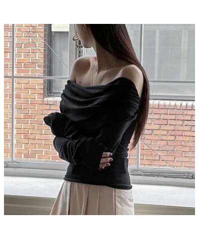 Women’s Off Shoulder Long Sleeve Tops Y2K Solid Basic Low Cut Folded Neck Slim Tee Shirts Sexy Ruched Crop Blouse I Tiered Ru...