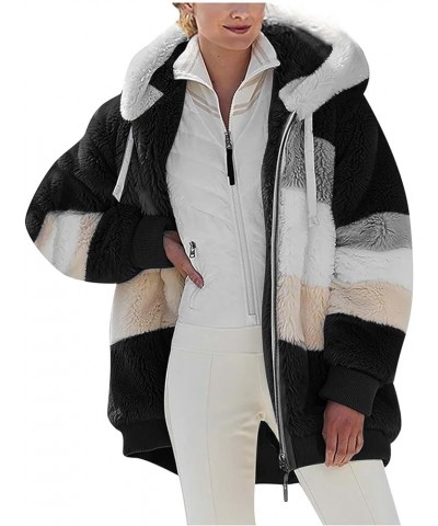 Women Oversized Fuzzy Fleece Color Block Faux Shearling Coat Warm Hooded Zip Up Winter Jacket with Pockets 2 Black $7.64 Jackets