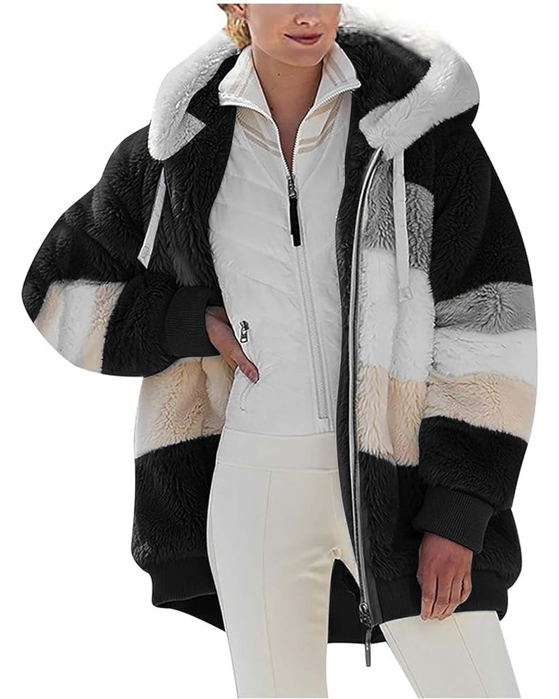 Women Oversized Fuzzy Fleece Color Block Faux Shearling Coat Warm Hooded Zip Up Winter Jacket with Pockets 2 Black $7.64 Jackets