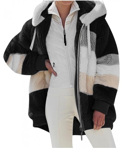 Women Oversized Fuzzy Fleece Color Block Faux Shearling Coat Warm Hooded Zip Up Winter Jacket with Pockets 2 Black $7.64 Jackets