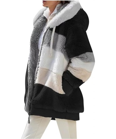 Women Oversized Fuzzy Fleece Color Block Faux Shearling Coat Warm Hooded Zip Up Winter Jacket with Pockets 2 Black $7.64 Jackets