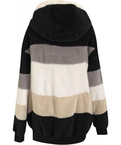 Women Oversized Fuzzy Fleece Color Block Faux Shearling Coat Warm Hooded Zip Up Winter Jacket with Pockets 2 Black $7.64 Jackets