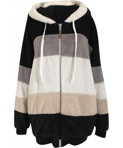 Women Oversized Fuzzy Fleece Color Block Faux Shearling Coat Warm Hooded Zip Up Winter Jacket with Pockets 2 Black $7.64 Jackets