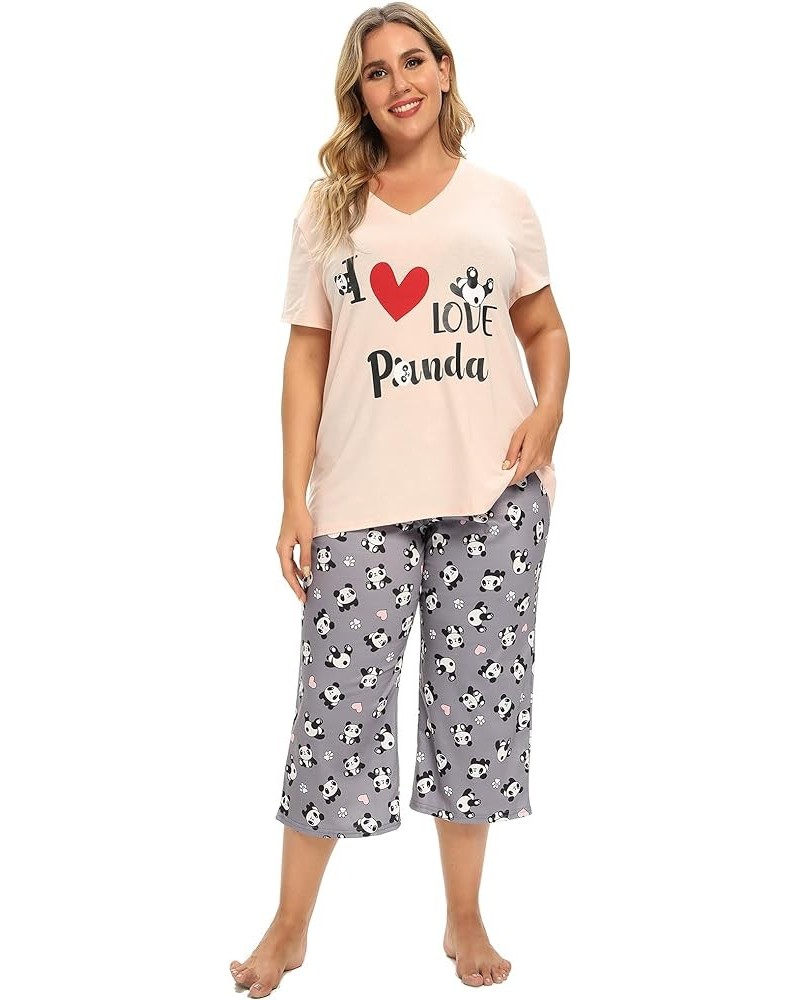 Women's Pajamas Set Soft V Neck Sleepwear Top and Capri Pj Lounge Sets Cartoon Heart Shape Cat Nighty Plus Size Love Panda $1...