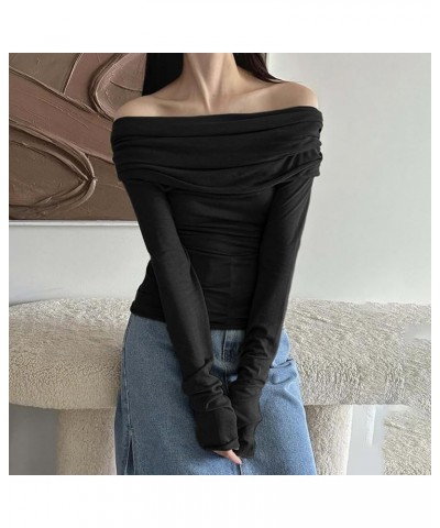 Women’s Off Shoulder Long Sleeve Tops Y2K Solid Basic Low Cut Folded Neck Slim Tee Shirts Sexy Ruched Crop Blouse I Tiered Ru...