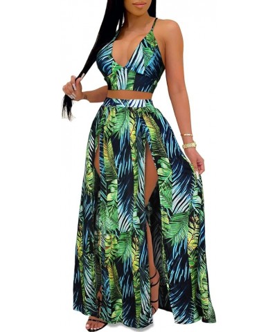 Women's Chiffon Bohemian Floral Printed 2 Piece Sets Crop Cami Top & Split Beach Party Maxi Dress A Green $17.20 Suits