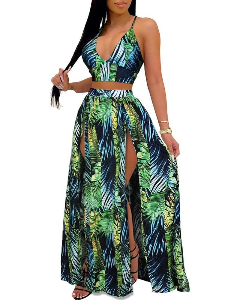 Women's Chiffon Bohemian Floral Printed 2 Piece Sets Crop Cami Top & Split Beach Party Maxi Dress A Green $17.20 Suits