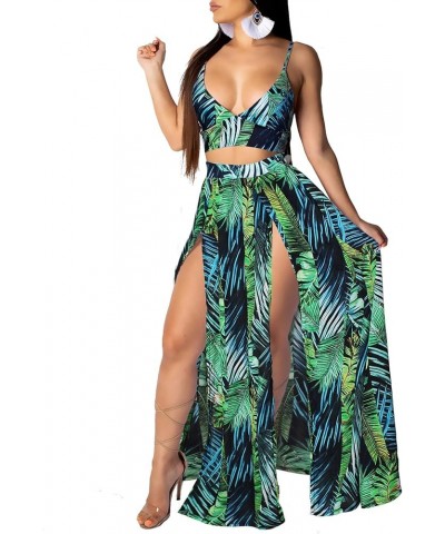 Women's Chiffon Bohemian Floral Printed 2 Piece Sets Crop Cami Top & Split Beach Party Maxi Dress A Green $17.20 Suits