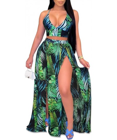 Women's Chiffon Bohemian Floral Printed 2 Piece Sets Crop Cami Top & Split Beach Party Maxi Dress A Green $17.20 Suits