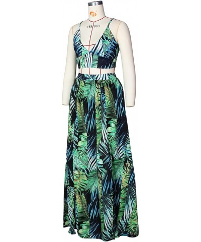 Women's Chiffon Bohemian Floral Printed 2 Piece Sets Crop Cami Top & Split Beach Party Maxi Dress A Green $17.20 Suits