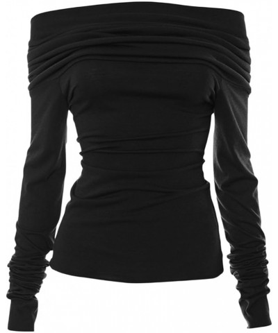 Women’s Off Shoulder Long Sleeve Tops Y2K Solid Basic Low Cut Folded Neck Slim Tee Shirts Sexy Ruched Crop Blouse I Tiered Ru...