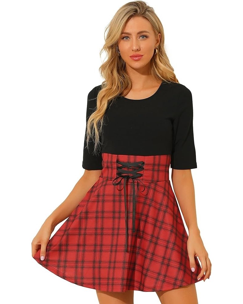 Women's 2023 Valentine's Day Plaid Stitching Round Neck Half Sleeve A-Line Mini Dress Black $14.40 Dresses