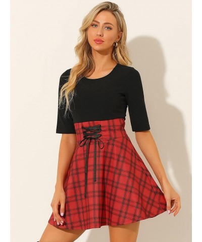 Women's 2023 Valentine's Day Plaid Stitching Round Neck Half Sleeve A-Line Mini Dress Black $14.40 Dresses