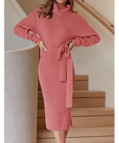 Women's Turtleneck Sweater Midi Dress Long Sleeve Ribbed Knit Bodycon Slit Dress with Belt Rose $23.86 Sweaters