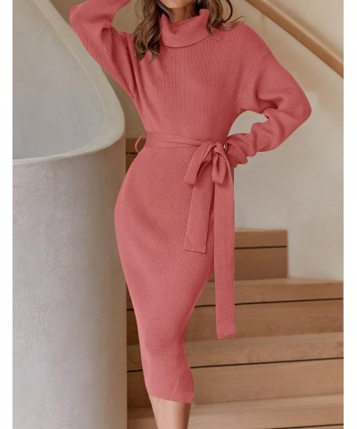 Women's Turtleneck Sweater Midi Dress Long Sleeve Ribbed Knit Bodycon Slit Dress with Belt Rose $23.86 Sweaters