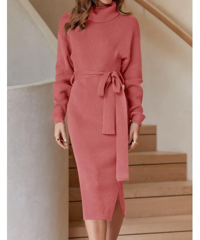 Women's Turtleneck Sweater Midi Dress Long Sleeve Ribbed Knit Bodycon Slit Dress with Belt Rose $23.86 Sweaters