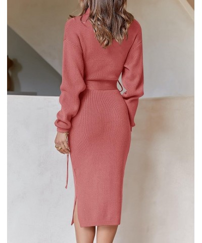 Women's Turtleneck Sweater Midi Dress Long Sleeve Ribbed Knit Bodycon Slit Dress with Belt Rose $23.86 Sweaters